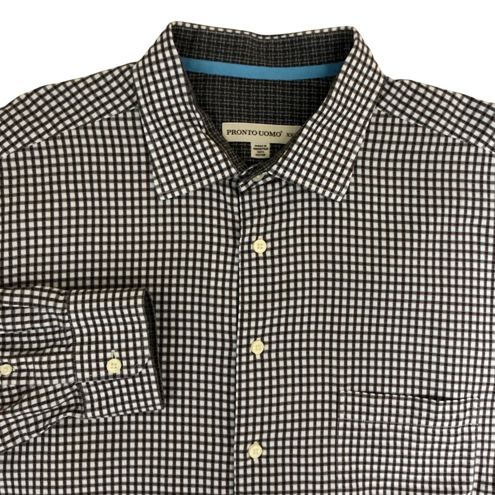 Pronto Uomo Button Down Shirt Mens XXL Brown White Micro Check Plaid Long Sleeve